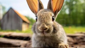 AI generated Cute small rabbit sitting on green grass, looking at camera generated by AI photo