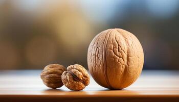 AI generated Fresh, organic nut snack on wooden table, autumn season generated by AI photo