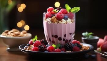 AI generated Freshness in a bowl raspberry, blueberry, and strawberry parfait generated by AI photo