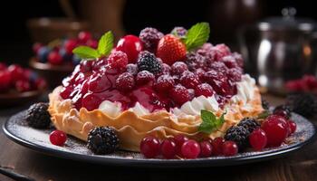 AI generated Homemade gourmet dessert sweet berry cheesecake with whipped cream generated by AI photo