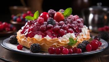 ai generado hecho en casa gastrónomo postre dulce baya tarta de queso con azotado crema generado por ai foto