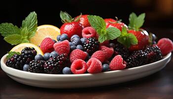 AI generated Freshness and sweetness in a bowl of berry fruit generated by AI photo