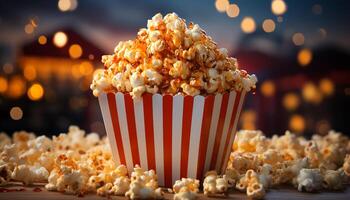 AI generated Indulgent movie snack fluffy popcorn in striped bucket generated by AI photo