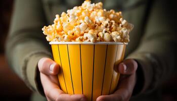 AI generated Young adult holding a bowl of popcorn, watching a movie generated by AI photo