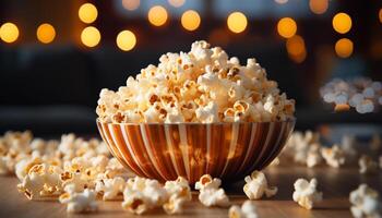 AI generated Gourmet snack, fresh popcorn, watching movie, indoor relaxation generated by AI photo