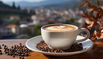 AI generated Coffee cup on table, close up of frothy cappuccino generated by AI photo