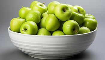 AI generated Freshness and nature in a bowl of ripe, green apples generated by AI photo