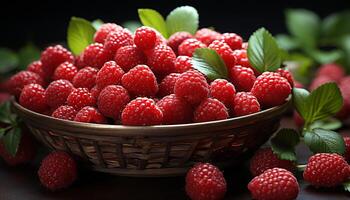 AI generated A bowl of fresh, ripe berries on a wooden table generated by AI photo
