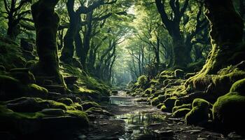 AI generated Tranquil scene mysterious forest, dark foliage, wet footpath generated by AI photo