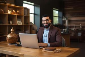 AI generated A smiling businessman sitting on workdesk with a laptop in front. photo