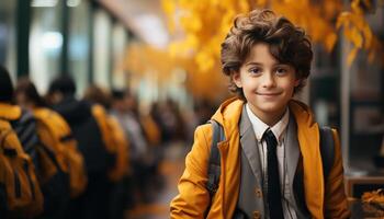 ai generado sonriente niño al aire libre, felicidad en otoño, alegre colegial en pie generado por ai foto