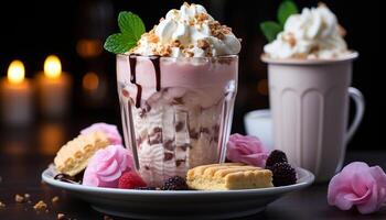 AI generated Gourmet dessert chocolate ice cream, fresh fruit, whipped cream generated by AI photo