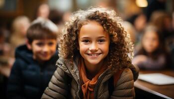 AI generated Group of children smiling, studying outdoors, enjoying school together generated by AI photo