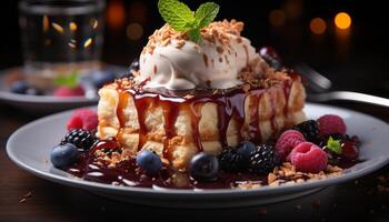 AI generated Gourmet dessert plate fresh berries, chocolate, whipped cream generated by AI photo