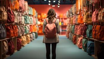 AI generated Young woman choosing fashionable backpack in retail store generated by AI photo