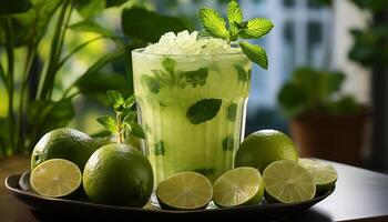 ai generado refrescante verano mojito cóctel con Lima, menta, y hielo generado por ai foto