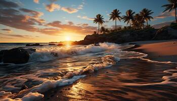 ai generado puesta de sol terminado el tranquilo línea costera, naturaleza belleza en maui generado por ai foto