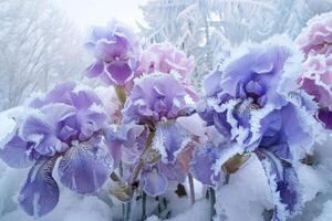 ai generado escarchado iris flores en Nevado paisaje foto