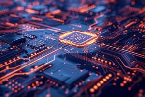 AI generated Blue High-Tech Circuitry Background with CPU Core photo