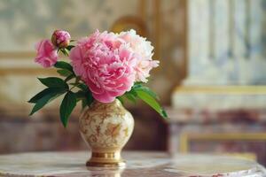 ai generado elegante rosado peonías en florero foto