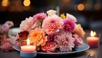 AI generated Romantic candlelight illuminates a table adorned with flower arrangement generated by AI photo