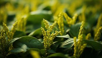 AI generated Fresh green leaf growth in summer meadow, organic farm generated by AI photo