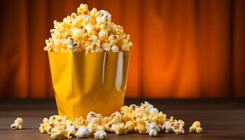 ai generado acecho un película, merienda en Fresco palomitas de maiz en un teatro generado por ai foto