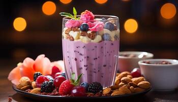 AI generated Freshness in a bowl raspberry, blueberry, and strawberry parfait generated by AI photo