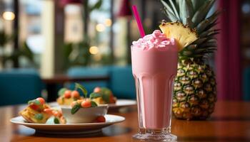 AI generated Refreshing pineapple cocktail on wooden table, perfect summer drink generated by AI photo