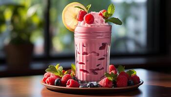 AI generated Freshness of summer berries on wooden table, refreshing drink generated by AI photo