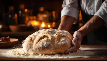 AI generated Baker hand kneading dough, preparing homemade bread generated by AI photo