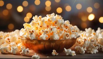 AI generated Fresh popcorn, sweet candy, movie night, indulgent refreshment generated by AI photo