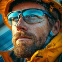 ai generado cerca arriba retrato de barbado hombre en amarillo chaqueta y casco. solar tecnología ayuda proteger de los trabajadores ojos foto