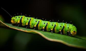 ai generado oruga es comiendo hoja en el jardín foto