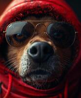 AI Generated Dog in hood and sunglasses. Dog in mask and sunglasses taking a smoke photo