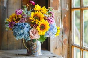 ai generado rústico ramo de flores con girasoles y hortensias por ventana foto