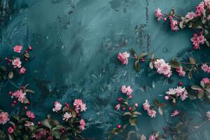 ai generado primavera flores en texturizado verde azulado antecedentes foto