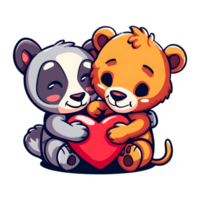 AI generated Animals hug love heart shape cartoon sticker style on transparent Background - Ai generated png