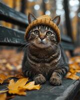 AI Generated Cute cat in knitted hat sits on bench in autumn park photo