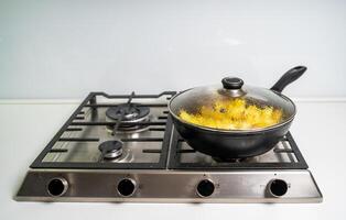 French Fries frying in a pan on a gas stove in white kitchen. photo