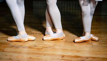Feet of a three young ballerinas in pointe shoes against the background of the wooden floor. Legs in white tights and beige pointes in dancing studio. Close-up photo