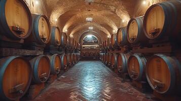 AI generated Cellar with wine barrels in Italy ,copy space photo