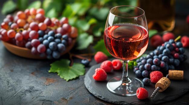 AI generated Red wine on the background, fresh ripe grapes photo