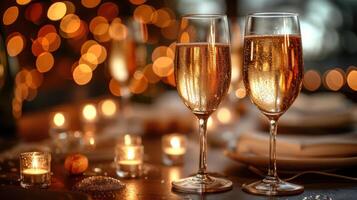 AI generated Luxurious glass with bokeh gold champagne on dark background copy space. photo