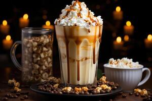 AI generated Sweet milkshake with caramel syrup, cream liqueur, caramel popcorn and chocolate powder on a brown background with a vintage coffee grinder. photo