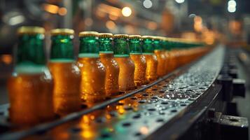 AI generated Green beer bottle, beer juice on production line, factory background photo