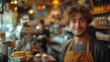 ai generado joven hombre barista o cajero usos móvil teléfono a pagar en café comercio, Copiar espacio foto