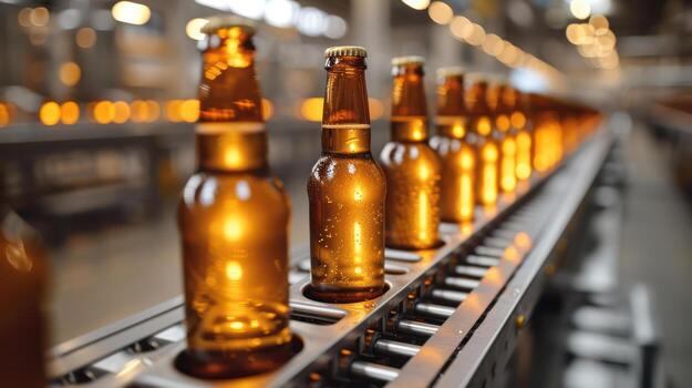 AI generated Beer bottles on production line, factory background copy image area photo
