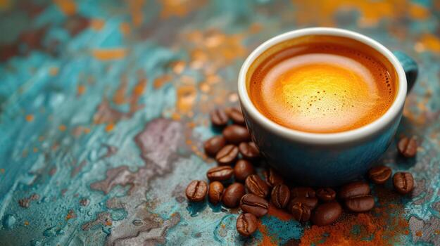 AI generated Espresso coffee cup With coffee beans on a vintage table ,Copy space. photo