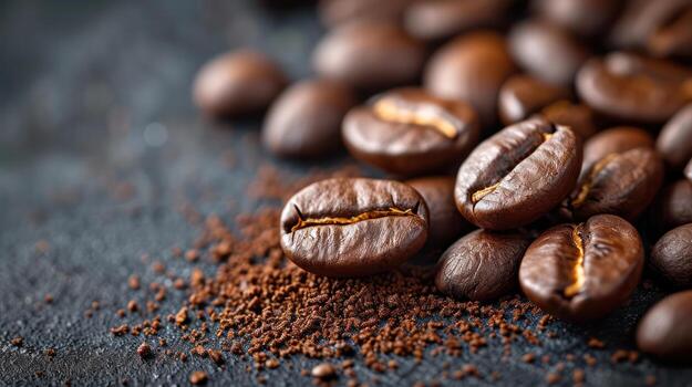 AI generated Coffee beans and black background,copy spec photo